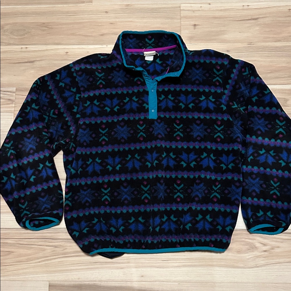 90s LL Bean Fleece Jacket Pullover Neon Snowflake Vintage MADE IN USA Large